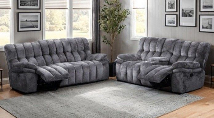 Brand New Grey Super Plush Reclining Sofa & Loveseat