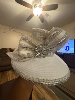 Stunning White & Silver Rhinestone Church Dress Hat – Elegant Statement Wide Brim