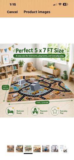 Nayoroom Kids Construction Site Play Rug with Vehicles, Non-Slip, 5 x 7 ft Easy-care faux wool carpet with a construction site design, vehicle prints