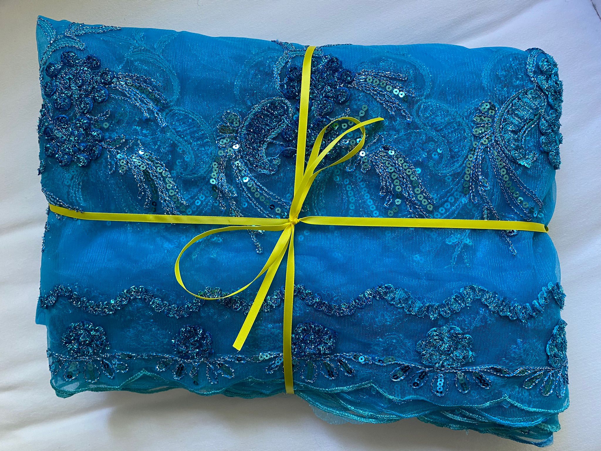 Tull &  Sequins Embroidered Turquoise Fabric 