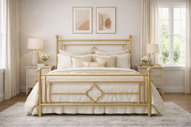 Queen Size Metal Platform Bed Frame/Vintage Iron-Art Headboard and Footboard/Mattress Foundation for Storage/No Box Spring Needed/Noise-Free/Easy Asse