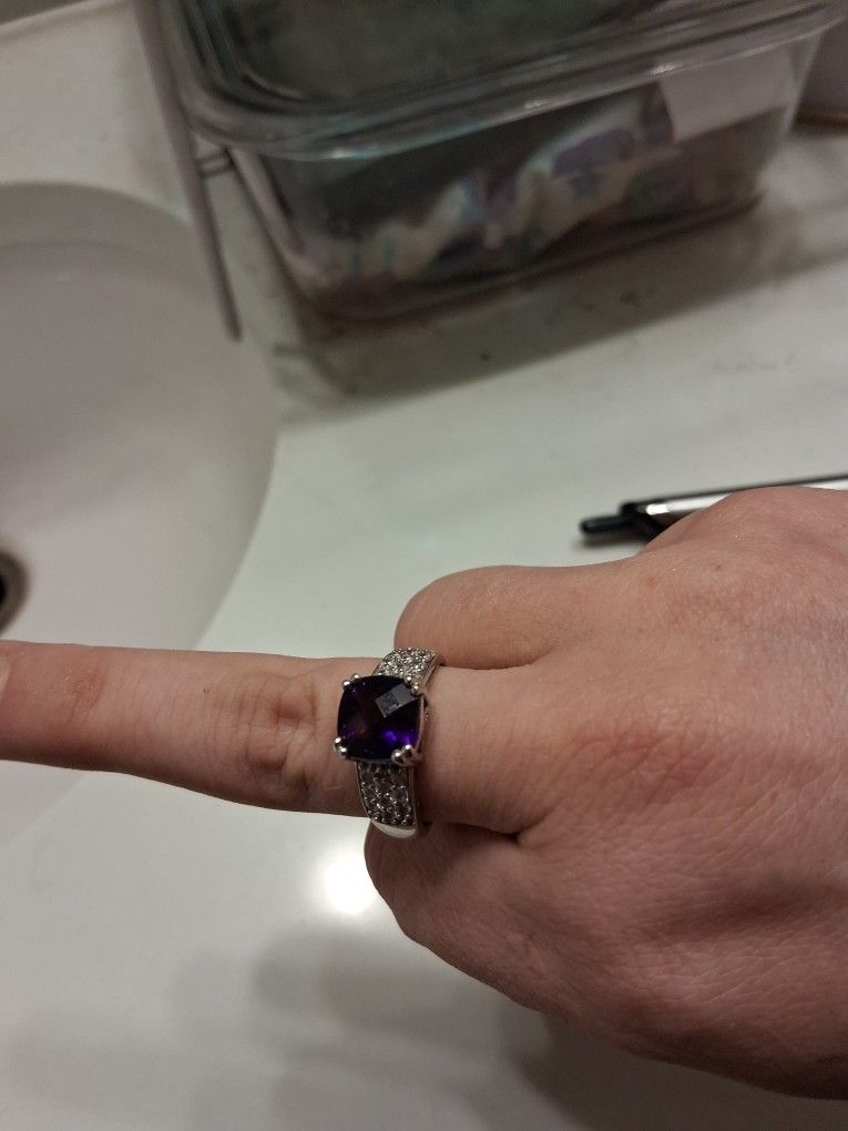 Real Silver And Purple Stoned Ring 