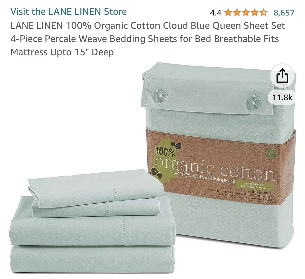 Lane Linen 100% Organic Cotton Cloud Blue Queen Set 4 Piece Sheets 