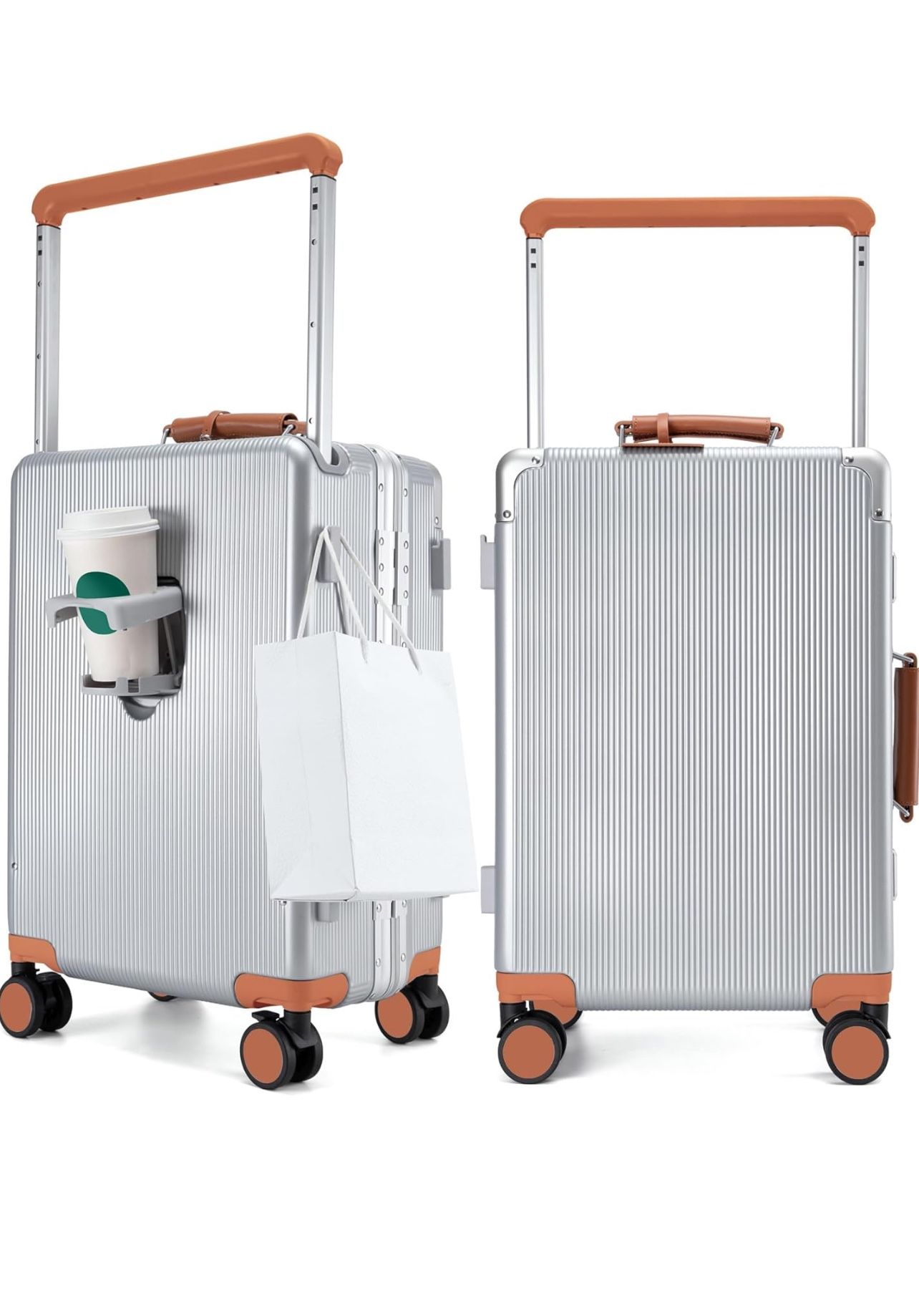 feilario 20'' Aluminum  Carry On Luggage - Double Spinner Wheels Luxury with TSA Lock & Cup Holder