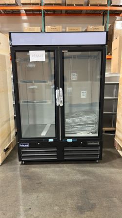 Open Box!  Polarman PLM-HGD48R 53 15/16" Black Refrigerated Double Swing Glass Door Merchandiser with LED Lighting, 48 cu.ft