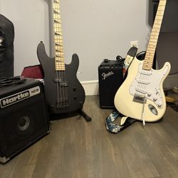 Electric Guitar And Bass With Amps