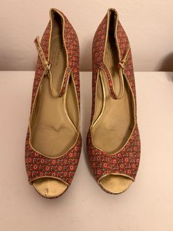 Coach Shea Floral Mary Jane Peep-Toe Heels Red & Black