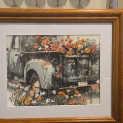 🌻 Vintage Oak Frame (1984) with 3D Diamond Bead Art – Rustic Farmhouse Truck & Flowers Wall Décor