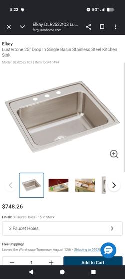 Elkay
Lustertone 25" Drop In Single Basin Stainless Steel Kitchen Sink