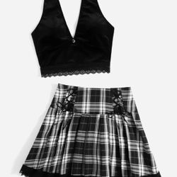  Velvet Top, plaid skirt -Xl$20, Small bag $15, Earrings $5