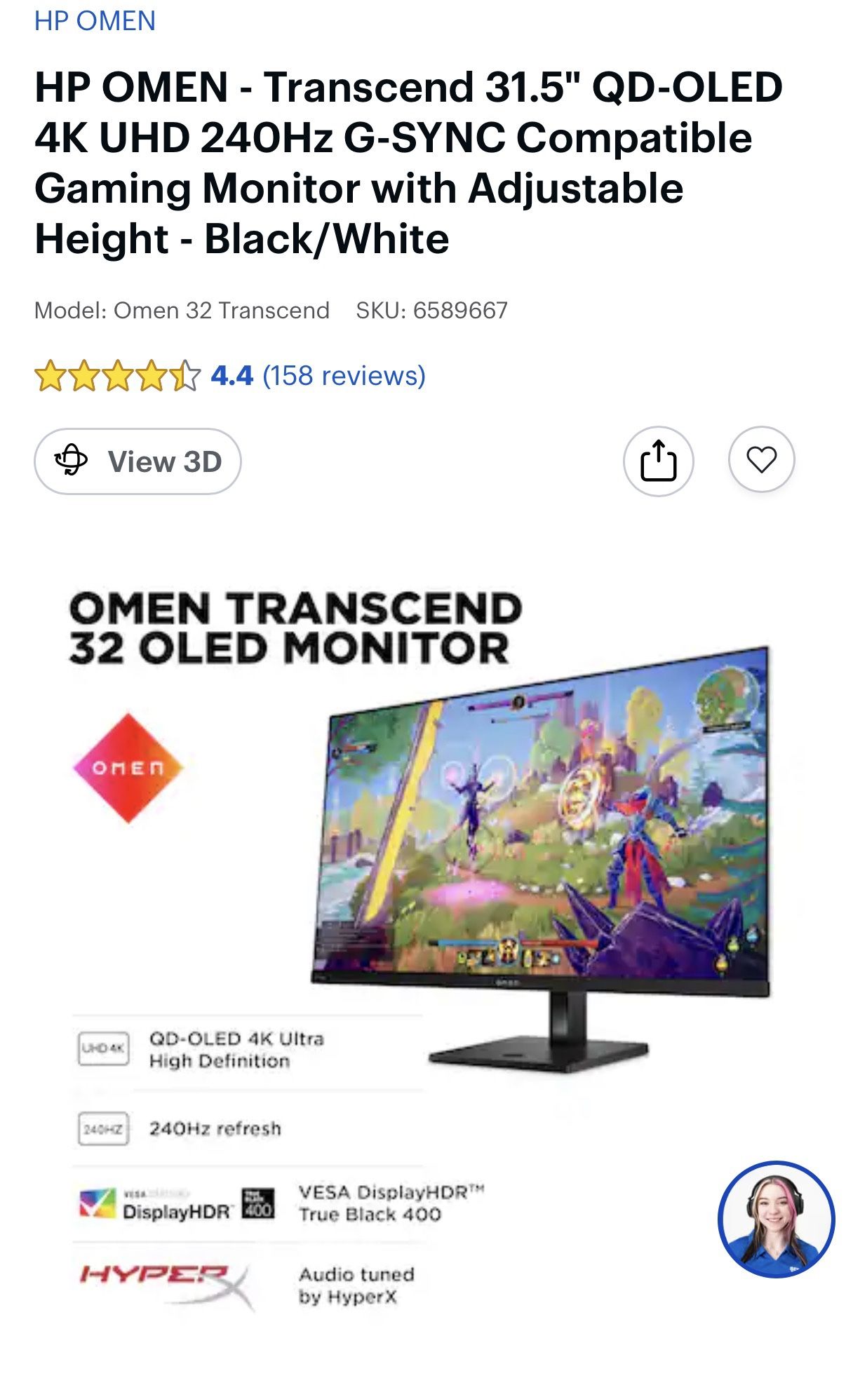 HP OMEN - Transcend 31.5" QD-OLED 4K UHD 240Hz G-SYNC Compatible Gaming Monitor