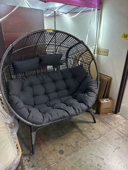 New Double Birdcage Lounge Chair 600 lbs Capacity Indoor Outdoor Wicker Double Egg Chair Set w/ Ottoman Footrest