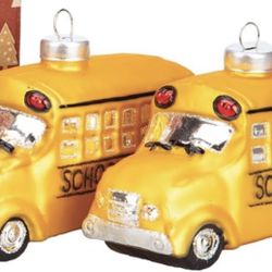 Every Day is Christmas Glass Blown Ornaments Cute Hand Made Figurines Tree Decoration, Set of 2 pcs School Bus