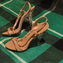 WOMENS YOUR PARTY SHOES STILETTO HEELS KHAKI STUDS SIZE 6.5 