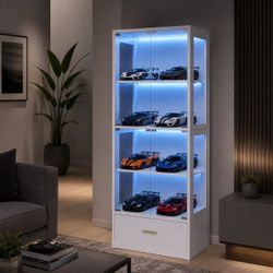 New In Box Modern Style Memorabilia Trophy Collectible Tempered Glass Display Cabinet Shelf Rack White With Drawer 