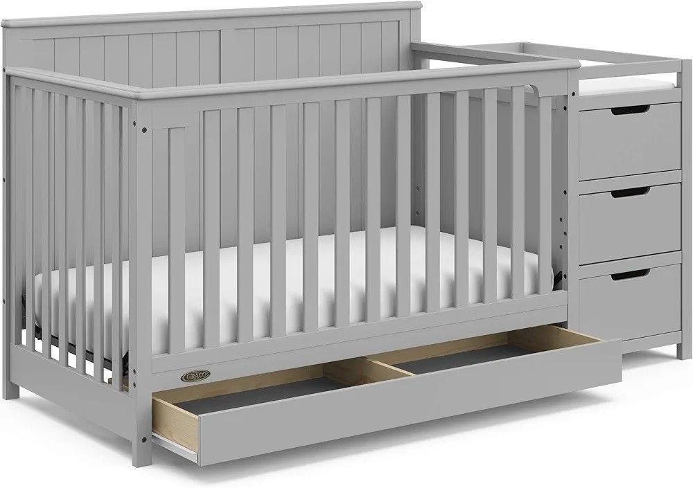 Graco 5-in-1 Convertible Crib and Changing Station with Drawer, Pebble Gray - Crib, Changing Station, and Toddler Bed