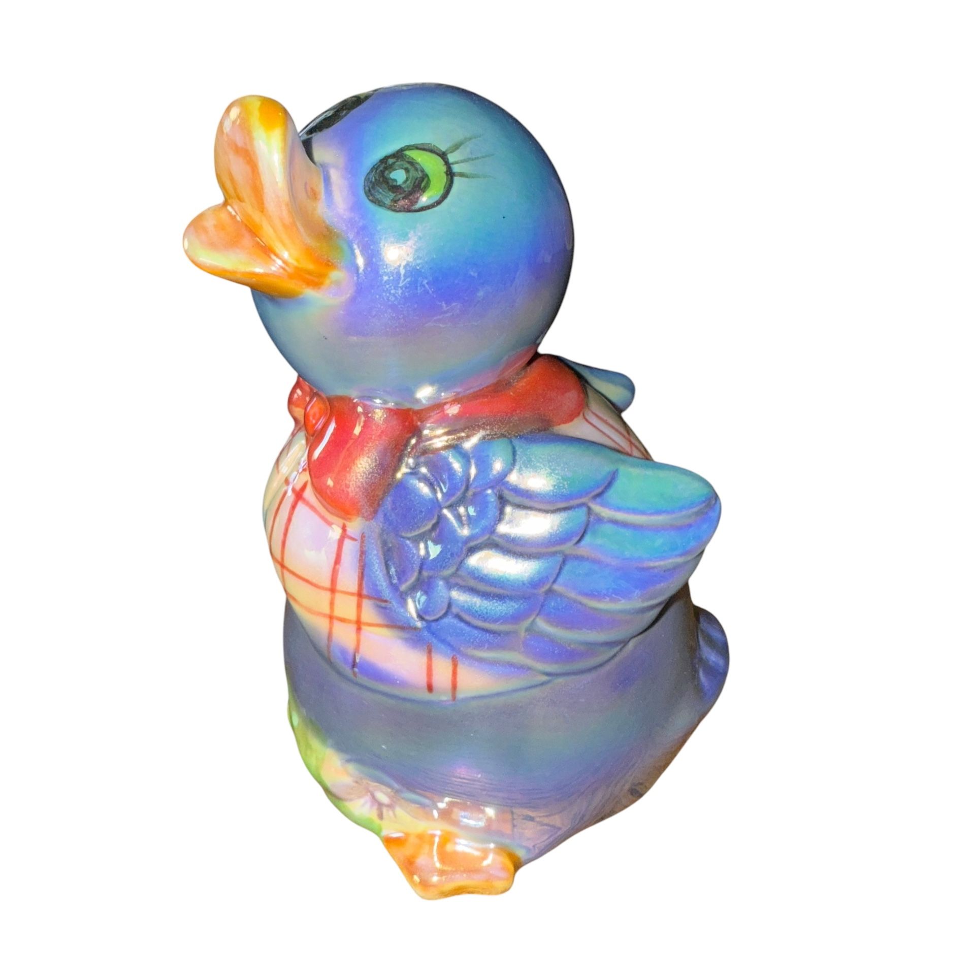 Lusterware Duck Duckling Bank Periwinkle Plaid Shirt Bow Tie Ceramic 5" This is a charming Lusterware Duck Duckling Bank in a lovely periwinkle plaid