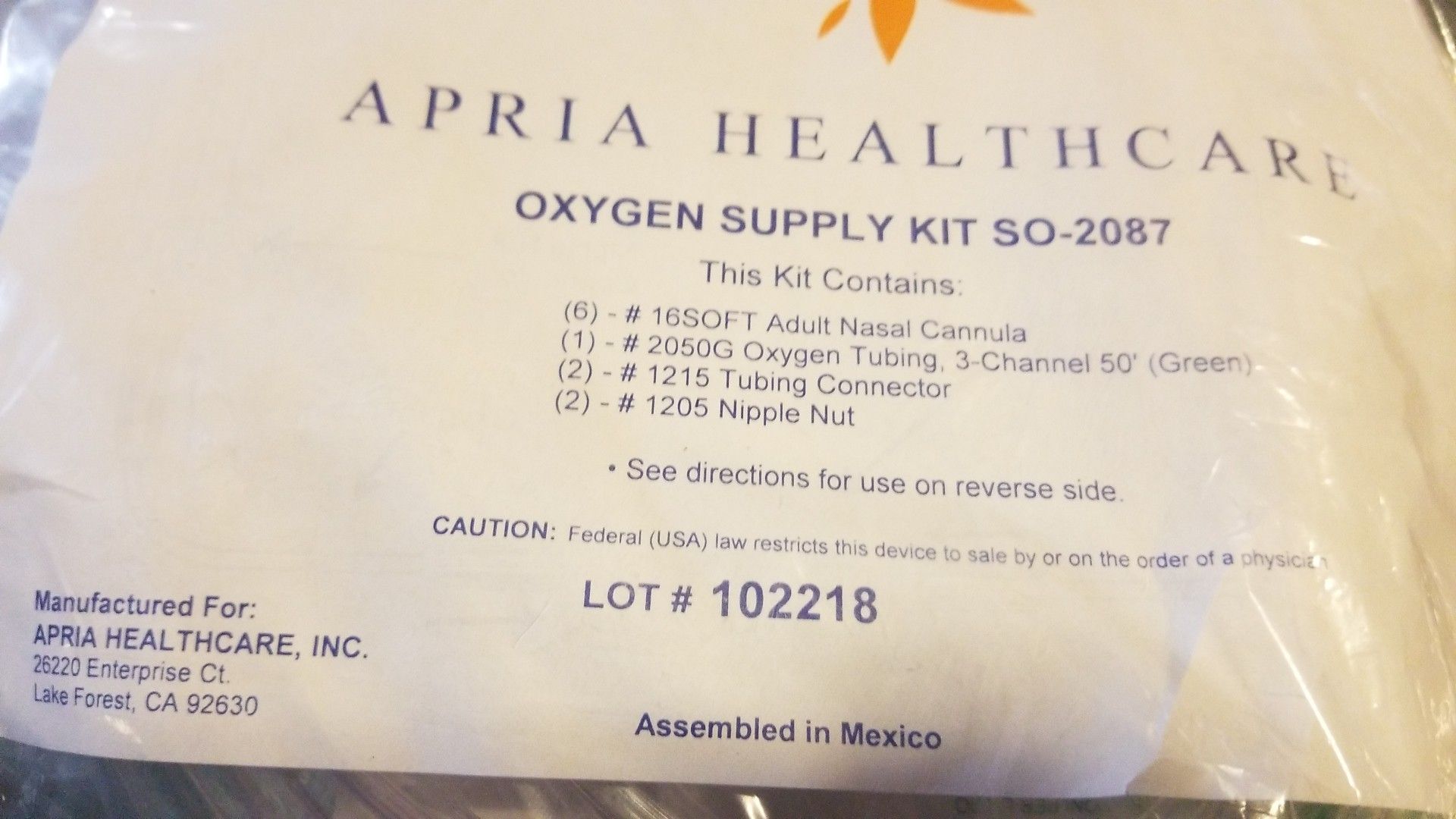 Apria Healthcare oxygen supply kit SO2089 Adult nasal cannula tubing