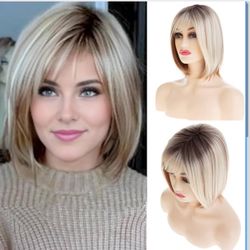 Baruisi Highlight Blonde Bob Wig with Bangs Short Straight Synthetic Dark Roots Women Wig Daily Party Use