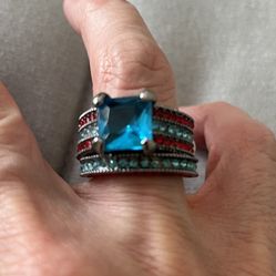 New 2 piece blue sapphire wedding ring size 7