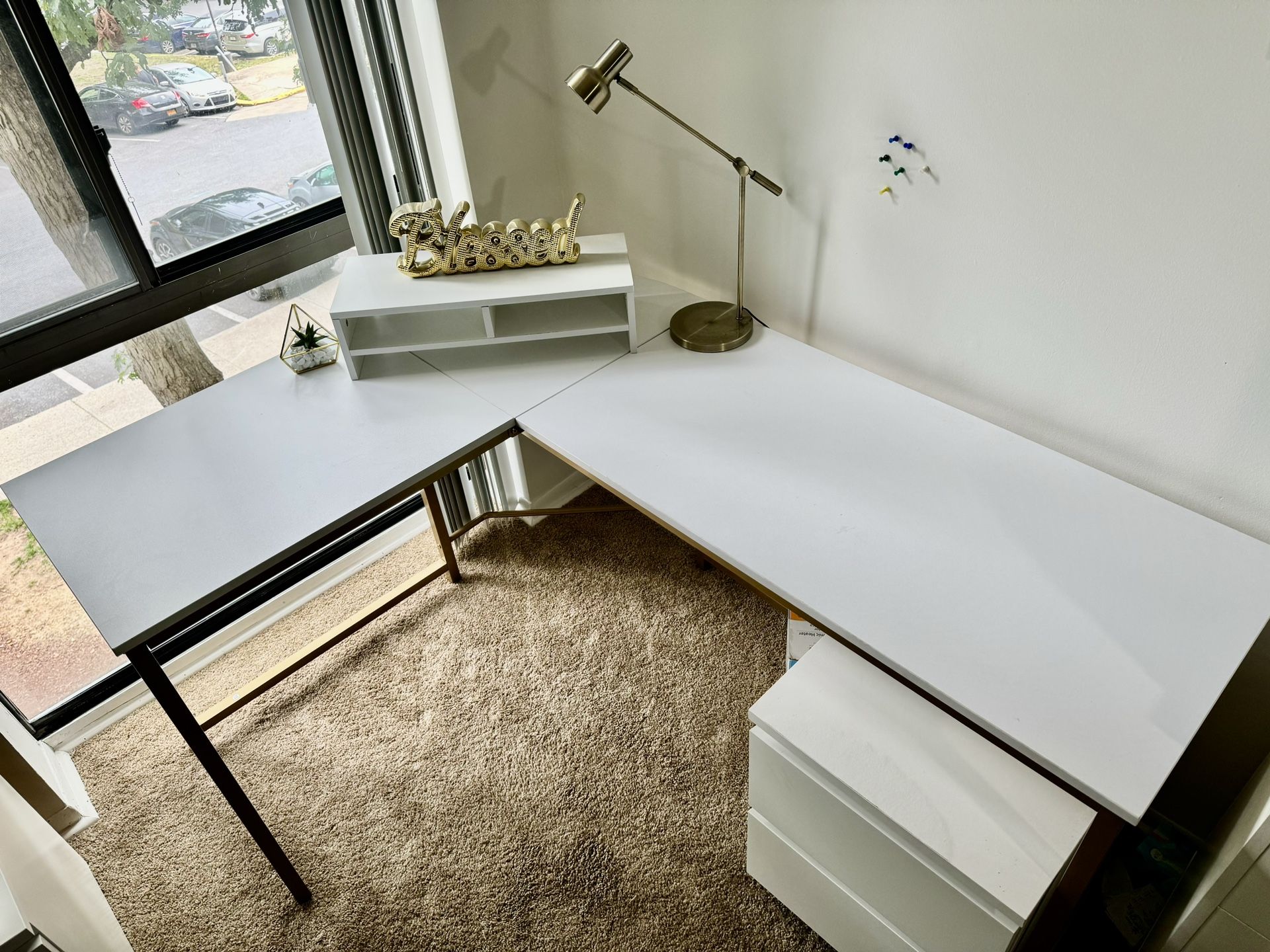L Shaped Reversible White And Gold Desk