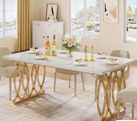 **NEW** Modern Dining Table, 63" Large Kitchen Table for 4-6 People, Unique Rectangular Dinner Table Kitchen & Dining Room Furniture with Marble Table