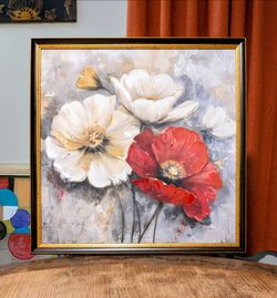 ​Framed Textured Floral Wall Art – Bold Poppy/Anemone (21.5" x 21.5")