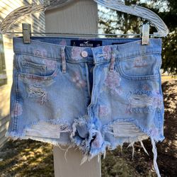 Hollister floral denim shorts blue, high rise shorts