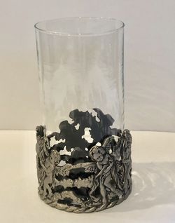 Pewter glass hurricane candle holder cherub design