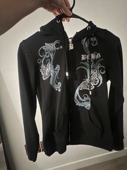 BCBG Black Zip-Up Hoodie with Butterfly Graphic