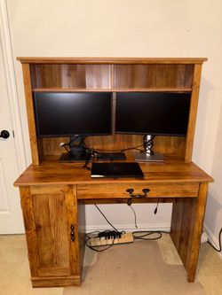 Oak laminate desk with bookcase and keyboard tray
