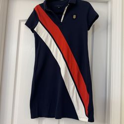 Tommy Hilfiger Preppy Navy Polo Dress S/P Small Red White Stripe Crest Logo Gold