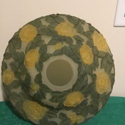 Unusual slag glass lamp shade large floral raised yellow green and cream