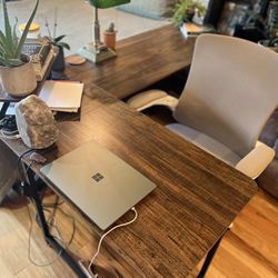 Dark Wooden Corner Desk and Tan/White Swivel Office Chair