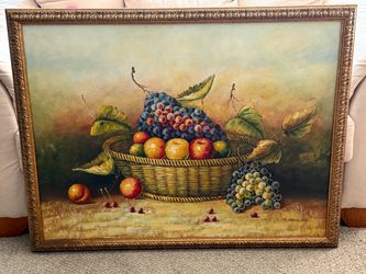 Framed Fruit Basket Still Life Oil Painting