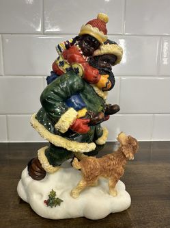 Christmas Santa Claus Figurine  With Child And Golden Retriever In Green Suit