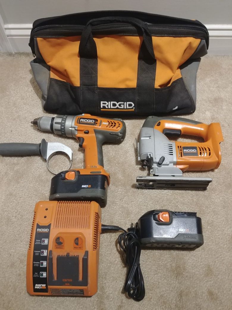 Ridgid 18v Cordless Drill & Jigsaw 2 Batteries & Charger