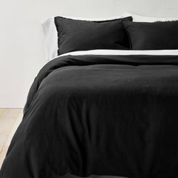 Full/Queen Heavyweight Linen blend Duvet Cover & Sham Set Washed Black - Casaluna