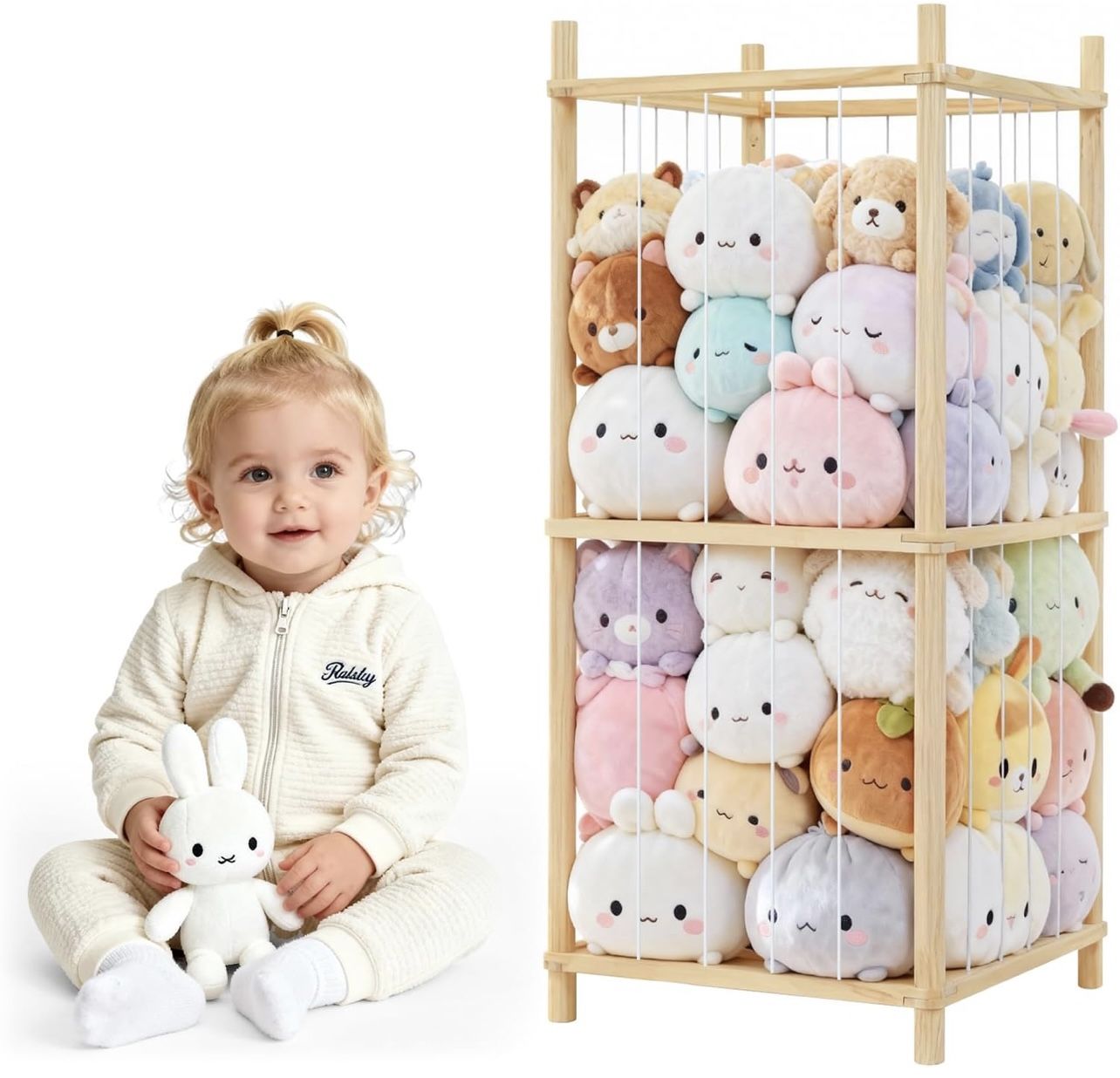 Stuffed Animal Storage, Panda Head Wooden Stuffed Animal Holder, Large Capacity Floor Standing Storage for Toddler Rooms, Playrooms & Bedrooms (Two Ti