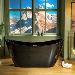 B8811-BG  WOODBRIDGE 59" L x 28-3/4" W Freestanding Contemporary Acrylic Soaking Bathtub in Glossy Black Inside and Outside with Brushed Gold Drain & 