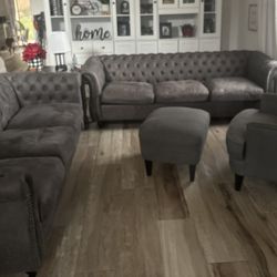 2 Grey Modern/classic Rollback Sofas And 2 Matching Oversized Arm Chairs With Ottomans - Full Living Room Set! 