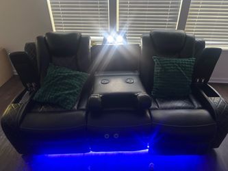 Black Leather Power Recliner Sofa with LED Lighting