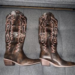 wetkiss Women's Pointed Toe Cowboy Boots Vintage Brown Chocolate