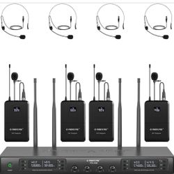 Phenyx Pro 4-Channel Wireless Microphone System, UHF Auto Scan Cordless Mic Set, 4 Bodypacks w/Headsets/Lapel Mics, 4x40 Frequencies, 328ft Coverage, 