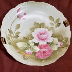 Lefton China green heritage rose gold handled cake serving plate 9 inches  #719