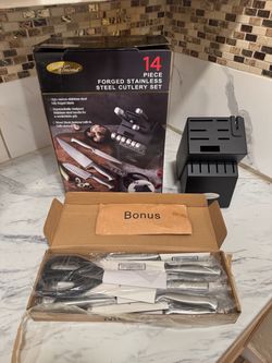Marco Almond 14-Piece Kitchen Knife Set with Block & Sharpener
