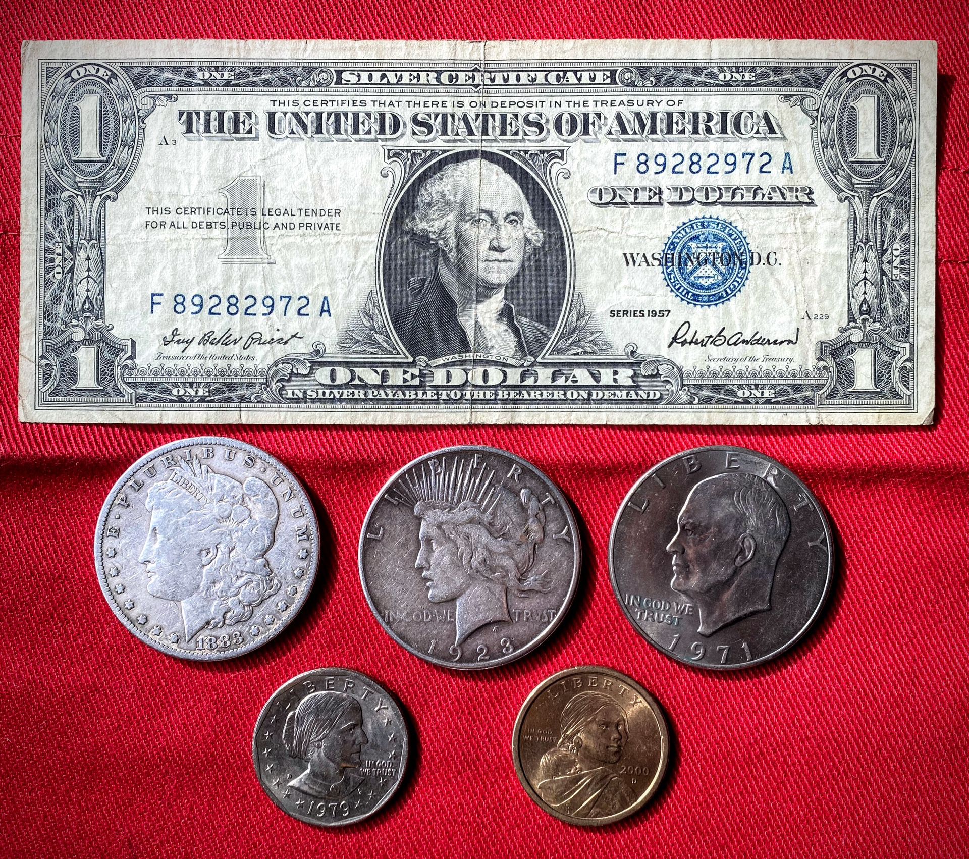 Silver Certificate, Morgan, Peace, Eisenhower,  Susan B Anthony and  Sacagawea Dollars 