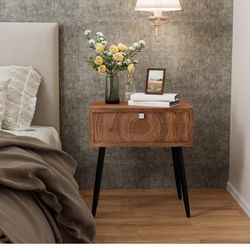Mid-Century Nightstand, Modern MDF Bedside Table, Wood Accent End Table with One Storage Drawer for Bedroom Living Room, Brown