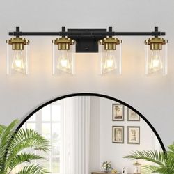 4-Lights Black and Gold Bathroom Vanity Light, Modern Bathroom Wall Sconces Lighting with Clear Glass Shade, Gold Vanity Lights for Bathroom Bedroom L