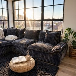 Modular Cloud Couch Sectional — Grey Corduroy L-Shape Sofa, Deep Seat + Movable Ottoman